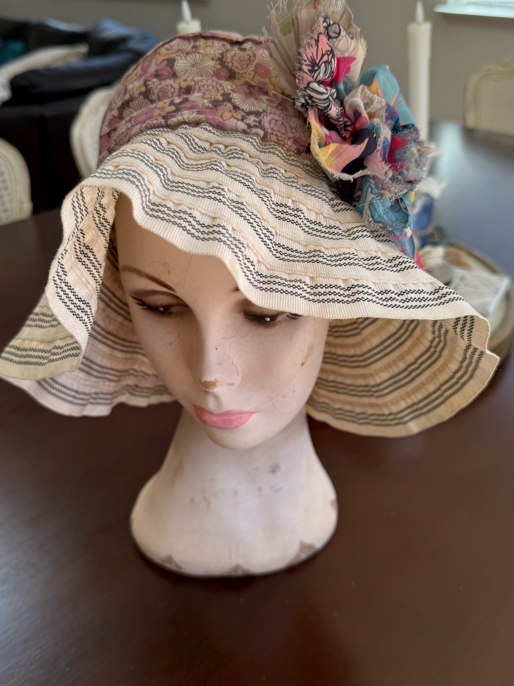 Grevi Cream and Navy Striped Sun Hat with Multicolor Floral Accent